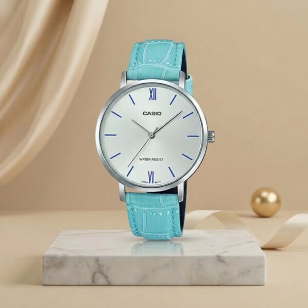 Casio LTP-VT01L-7B3 ladies white dial watch with turquoise leather strap and silver case