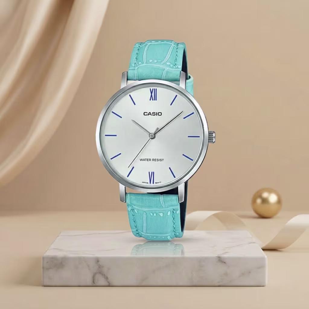 Casio LTP-VT01L-7B3 ladies white dial watch with turquoise leather strap and silver case