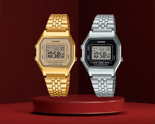 LA680 Casio ladies digital vintage watches in silver & golden stainless steel chain
