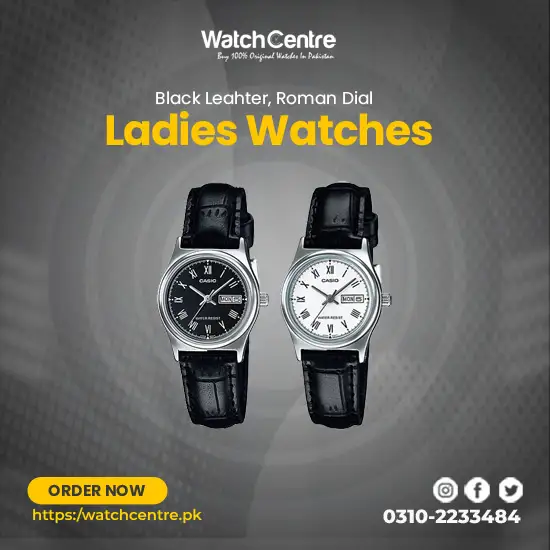 LTP V006L Series ladies roman dial wrist watches in black leather strap original waterproof