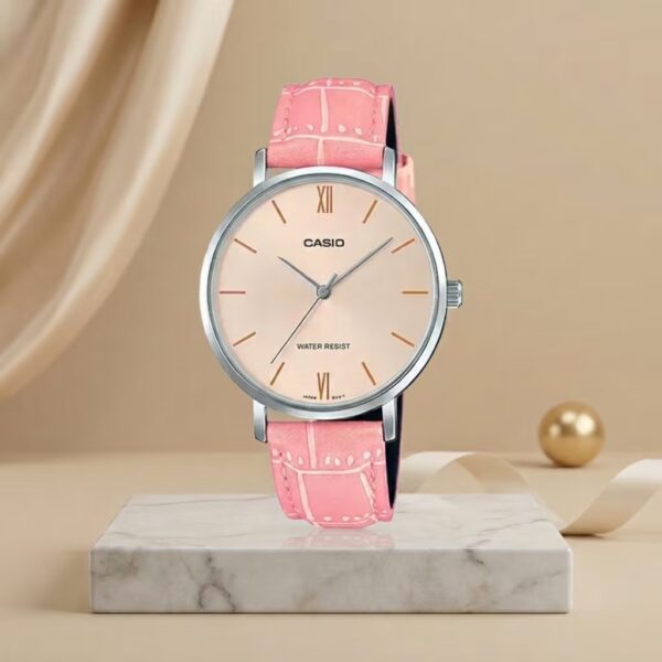 Casio ladies watch with rose pink dial and pink leather strap