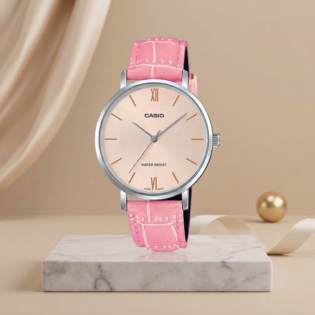 Casio ladies watch with rose pink dial and pink leather strap