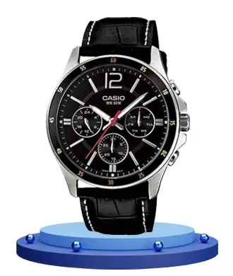 Casio MTP 1374L 1AV black leather strap & black multi hand dial men's dress quartz wrist watch