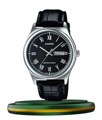 Casio MTP V006L 1B black roman dial & leather strap men's analog wrists watch
