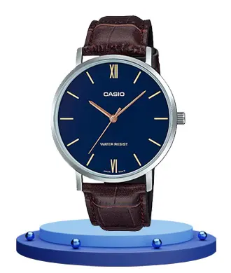 MTP VT01G 2B blue simple analog dial & brown leather strap men's dress hand watch