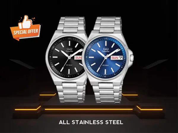 Q&Q Superior series mens all stainless steel wrist watch in silver chain & black blue dial