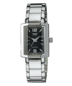 Casio LTP-1233D-1A silver stainless steel chain black square dial ladies hand watch