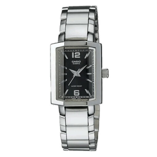 Casio LTP-1233D-1A silver stainless steel chain black square dial ladies hand watch