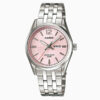 Casio LTP-1335D-5A silver stainless steel chain pink analog dial ladies hand watch