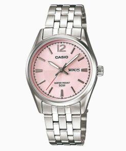 Casio LTP-1335D-5A silver stainless steel chain pink analog dial ladies hand watch