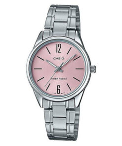 Casio LTP-V005D-4B silver stainless steel chain pink analog dial ladies simple watch