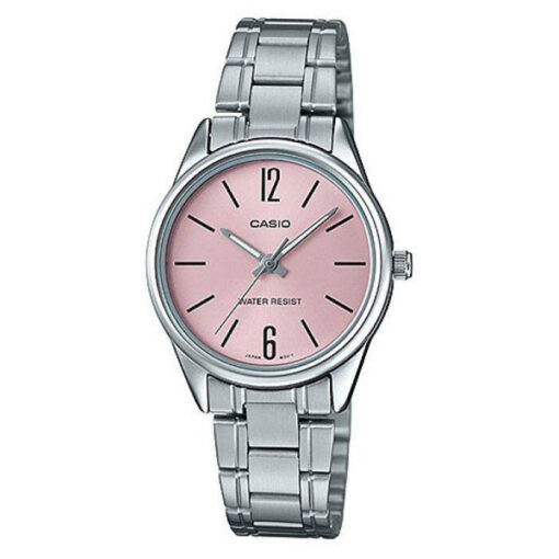 Casio LTP-V005D-4B silver stainless steel chain pink analog dial ladies simple watch