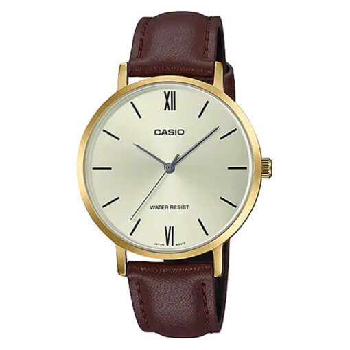 Casio LTP-VT01GL-9B brown leather strap round golden dial ladies wrist watch