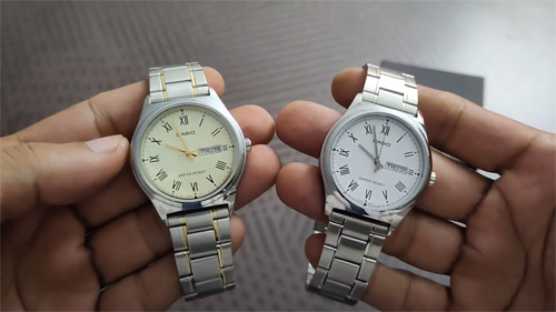 Casio MTP-V006 series men's analog dress watches in stainless steel chain & roman dial comparison