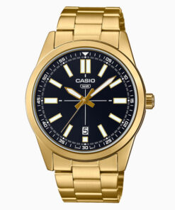 Casio MTP-VD02G-1E golden stainless steel chain & black dial men's gift watch