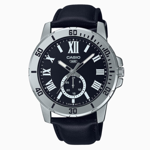 Casio MTP-VD200L-1B black leather strap roman dial men's hand watch