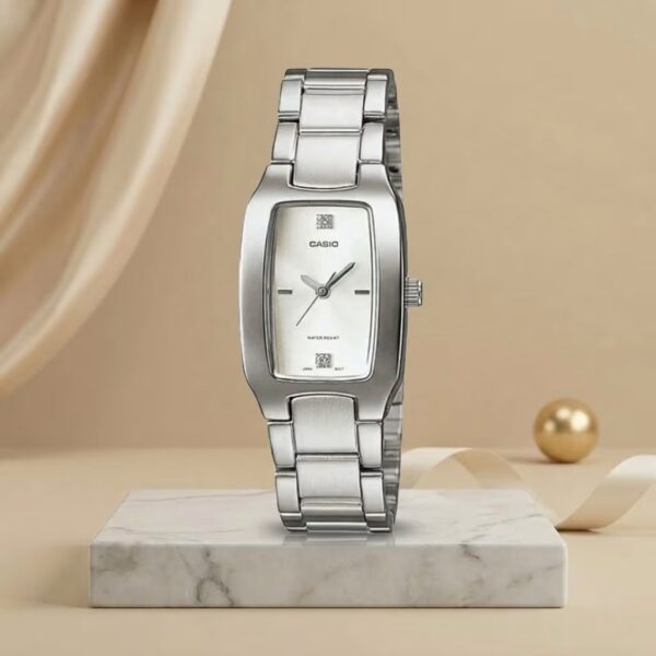 Image alt text: Casio LTP-1165A-7C2 ladies rectangular silver dial watch with stainless-steel bracelet