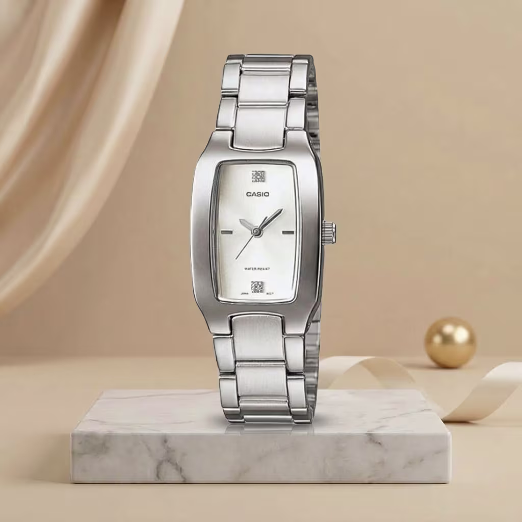 Image alt text: Casio LTP-1165A-7C2 ladies rectangular silver dial watch with stainless-steel bracelet