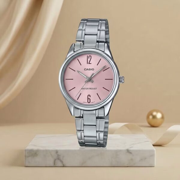 Casio LTP-V005D-4B ladies pink dial watch with silver stainless-steel bracelet and minimalist 12 and 6 markers