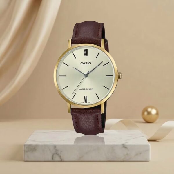 Casio LTP-VT01GL-9B ladies watch with gold-tone case, cream dial and brown leather strap