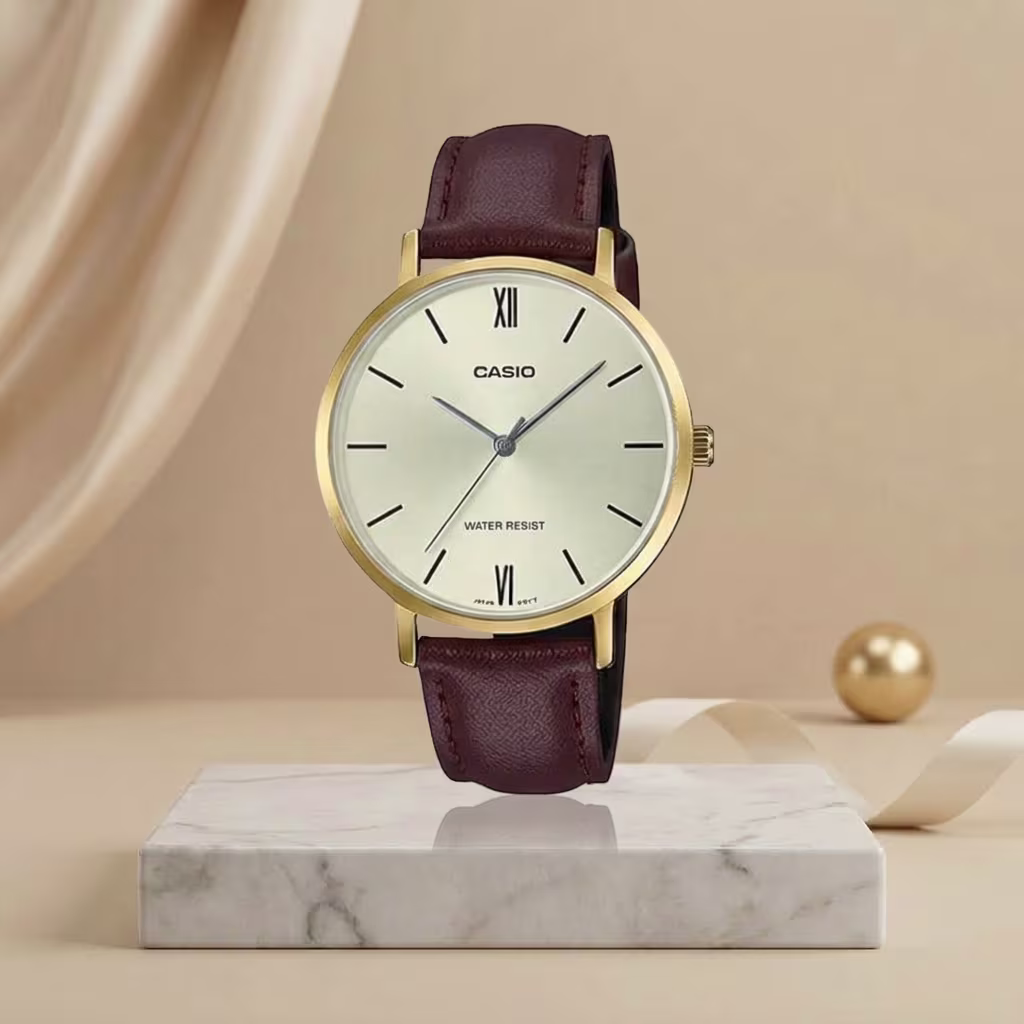 Casio LTP-VT01GL-9B ladies watch with gold-tone case, cream dial and brown leather strap
