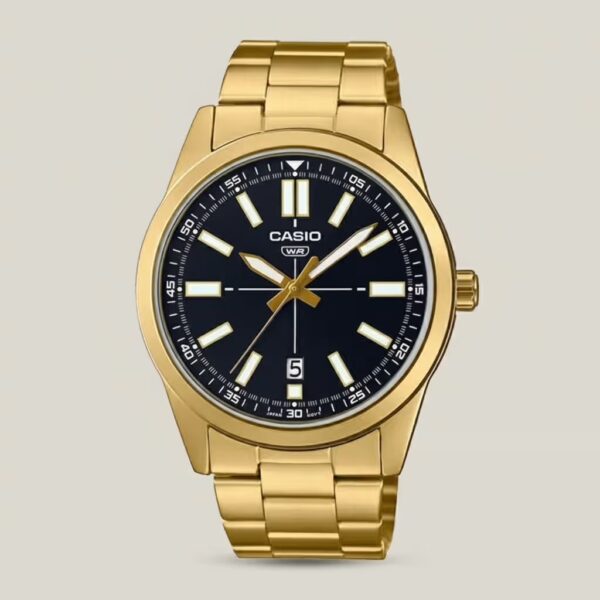 Casio MTP-VD02G-1E golden stainless steel chain & black dial men's gift watch