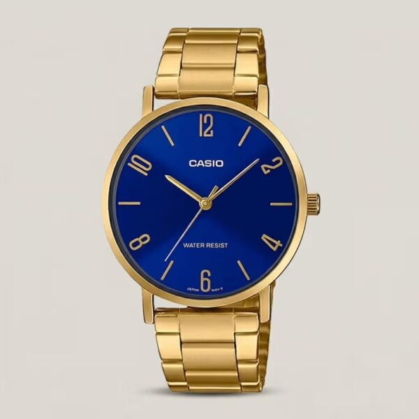 Casio MTP-VT01G-2B2 golden stainless steel chain blue analog dial men's gift watch