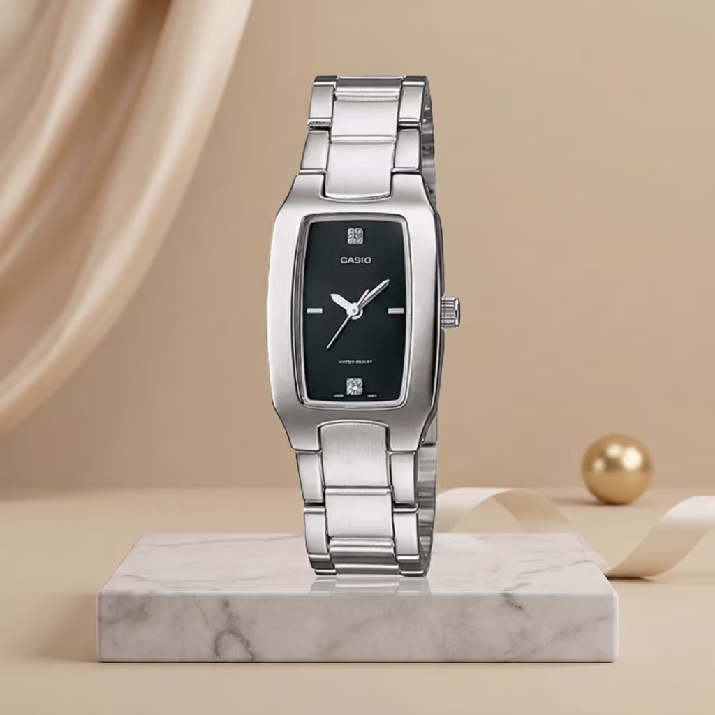 Casio ltp-1165A-1c2 Silver stainless steel chain with black analog Dial ladies dress watch
