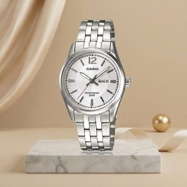Casio LTP-1335D-7A silver stainless steel chain round dial analog ladies wrist watch