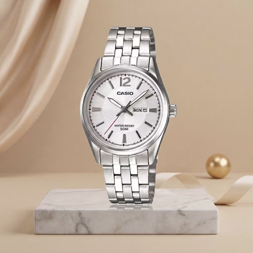 Casio LTP-1335D-7A silver stainless steel chain round dial analog ladies wrist watch