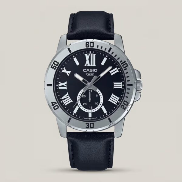 Casio MTP-VD200L-1B black leather strap roman dial men's hand watch
