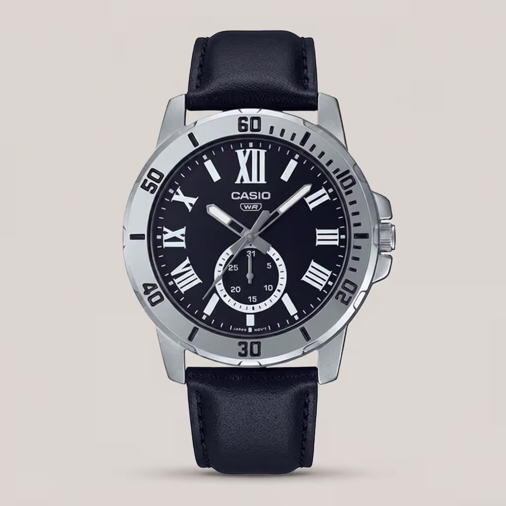 Casio MTP-VD200L-1B black leather strap roman dial men's hand watch