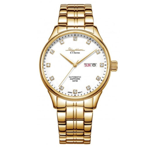 Rhythm AS1612S06 golden stainless steel band & sapphire glass white analog dial men's automatic luxury watch