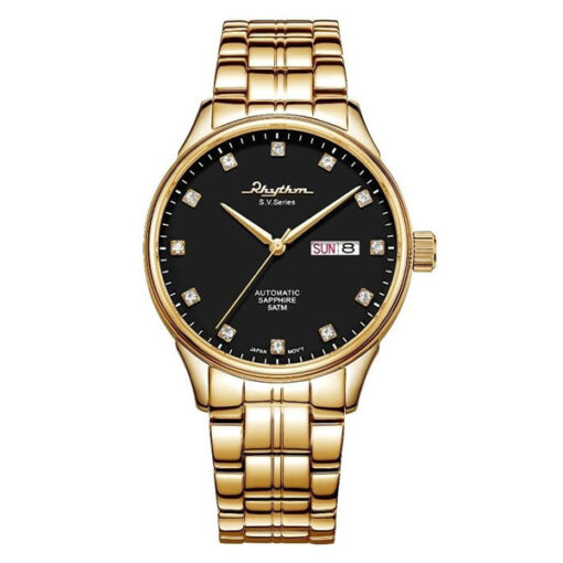 Rhythm AS1612S07 golden stainless steel band & sapphire glass black analog dial men's automatic classical watch