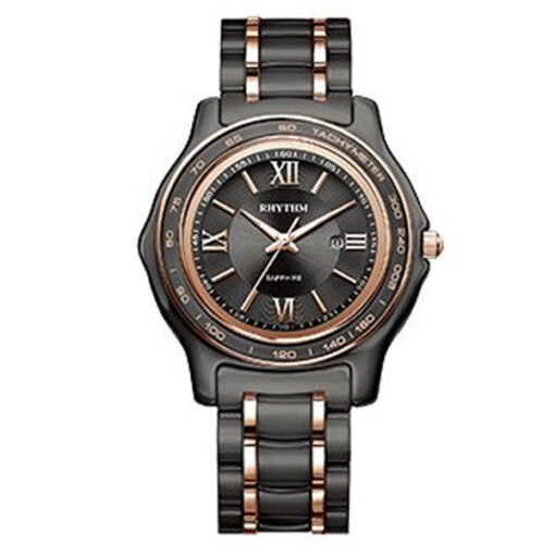 Rhythm C1101C04 black stainless steel chain & sapphire glass round analog dial men's wrist watch