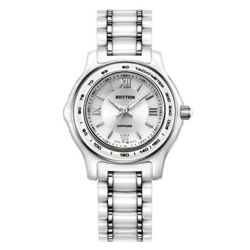 Rhythm C1102C01 two tone stainless steel band & sapphire glass silver analog dial female dress watch