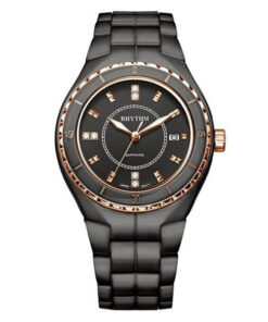 Rhythm C1107C04 black stainless steel band & sapphire glass black analog dial women luxury watch