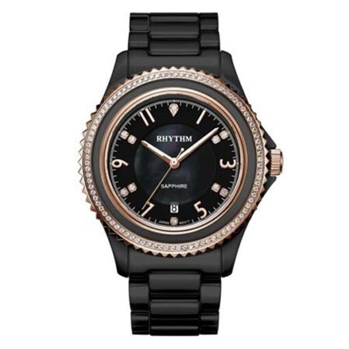 Rhythm C1301C04 black stainless steel band & sapphire glass black analog dial ladies stylish watch