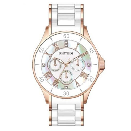 Rhythm C1402T04 two tone stainless steel band & sapphire glass white multi hand dial ladies dress watch