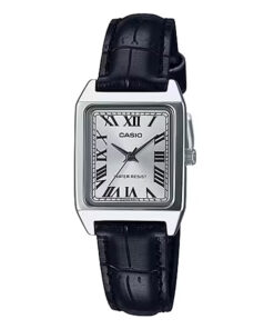 Casio LTP-V007L-7B1 black leather strap silver square roman dial ladies hand watch