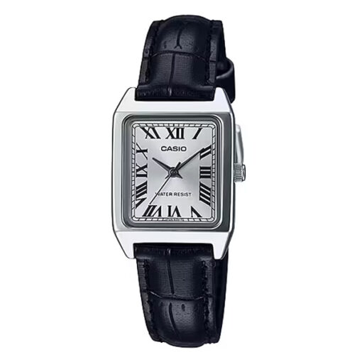 Casio LTP-V007L-7B1 black leather strap silver square roman dial ladies hand watch