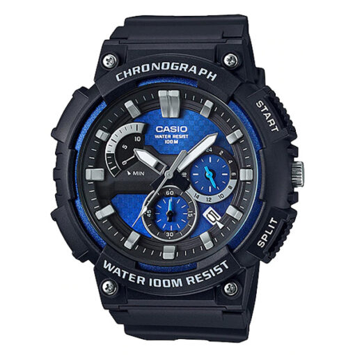 Casio MCW-200H-2A black resin band blue chronograph dial men's wrist watch