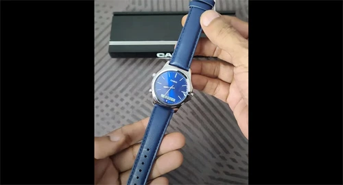 Casio MTP-VC01L-2E blue leather strap analog digital dial men's dress watch video thumbnail