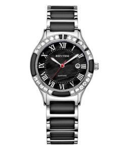 Rhythm F1204T02 two tone stainless steel band & sapphire glass black analog dial ladies wrist watch