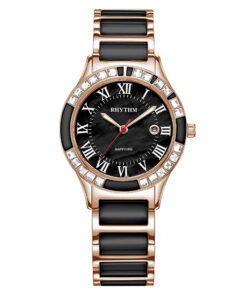 Rhythm F1204T05 two tone stainless steel band & sapphire glass black analog dial ladies gift watch