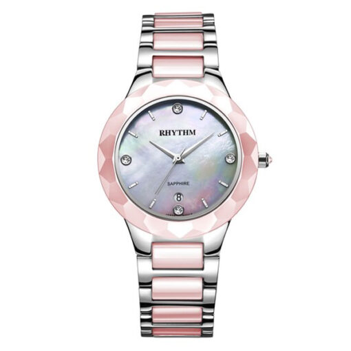 Rhythm F1205T03 two tone stainless steel chain & sapphire glass pink analog dial ladies fashion watch