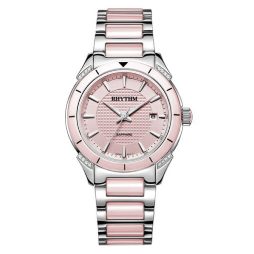 Rhythm F1207T03 two tone stainless steel chain & sapphire glass pink analog dial ladies classical watch