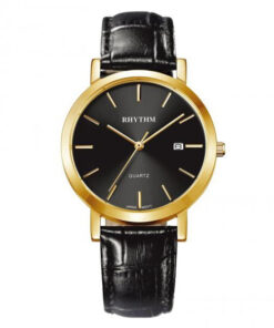 Rhythm G1115L03 black leather & black analog dial golden case color men’s formal watch