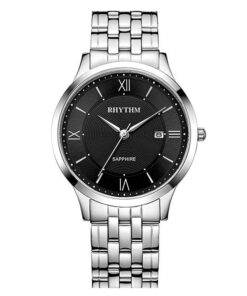 Rhythm G1201S02 silver stainless steel & black analog dial gent’s wrist watch