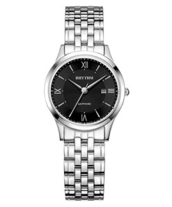 Rhythm G1202S02 silver stainless steel & black analog dial ladies wrist watch